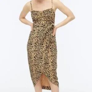 J. Crew Leopard Print Tie Waist 100% Silk Midi Dress